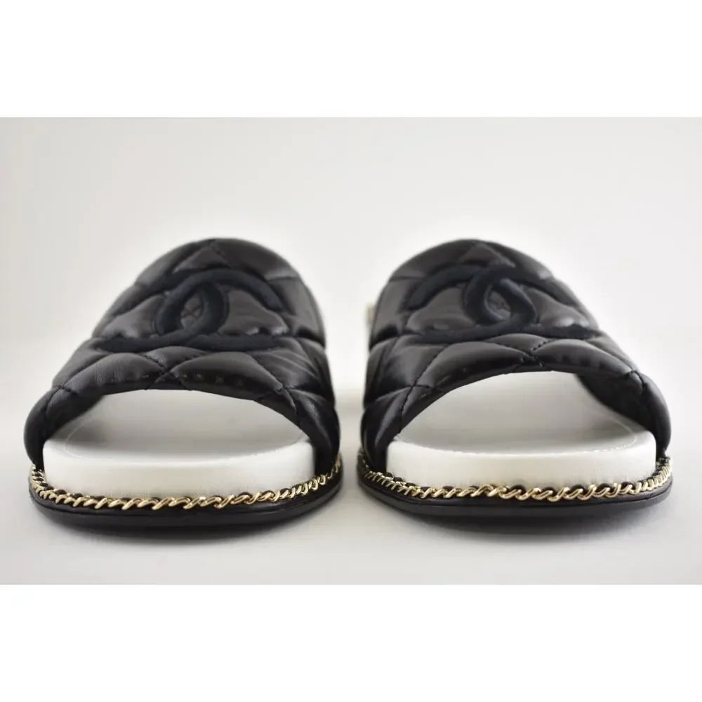 Chanel 25P Black Quilted Leather Chain CC Logo Mule Slide Sandal Block Heel 36.5